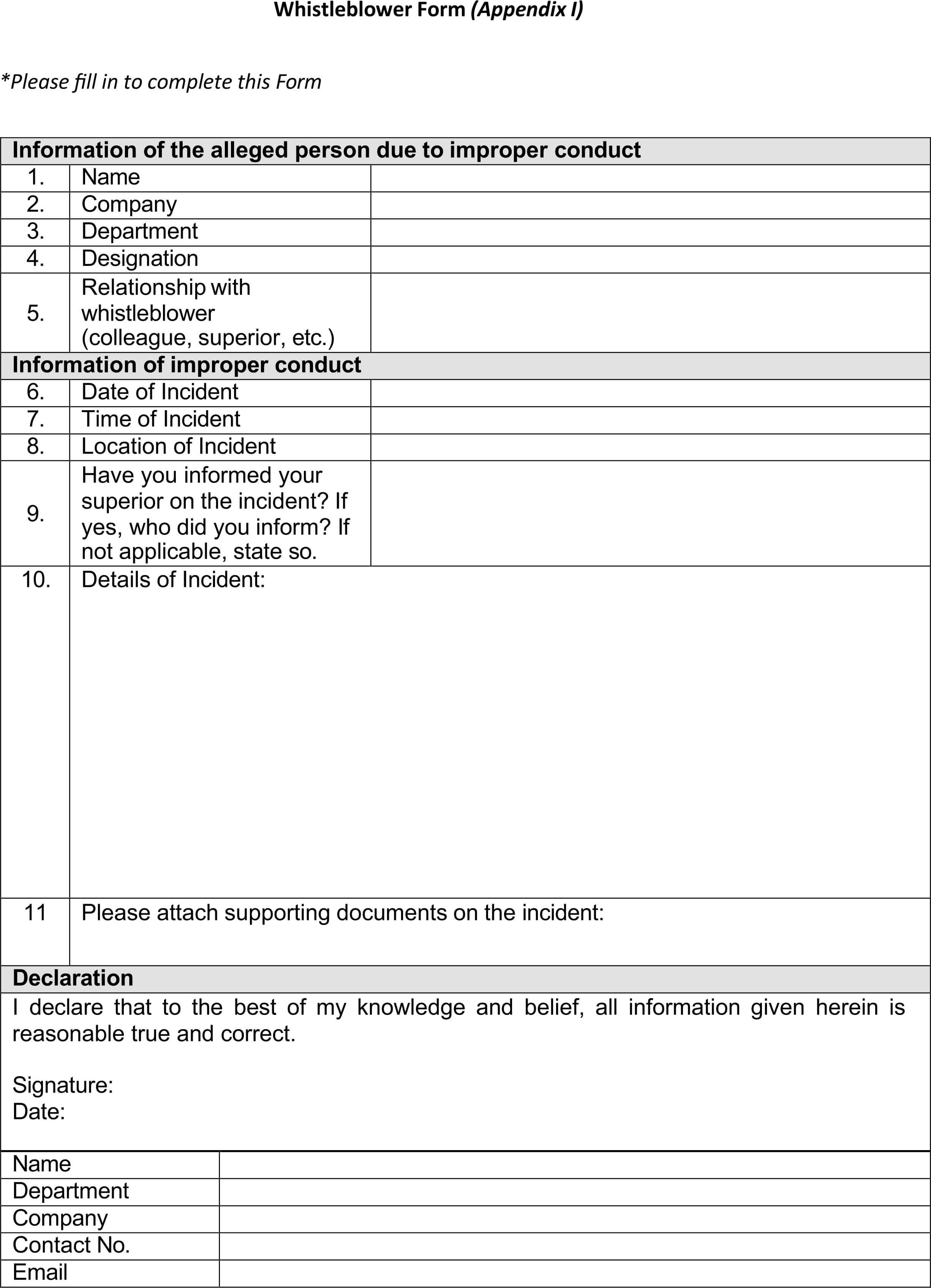 Whistleblower Form (Appendix I)